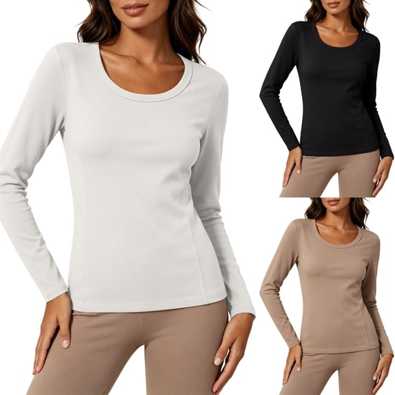 Womens Underscrub Ribbed Knit Long Sleeve Tee Scoop Neck Slim Fit Base Layer Top Soft Stretch for Nurses Fall Winter Everyday Wear, White, L