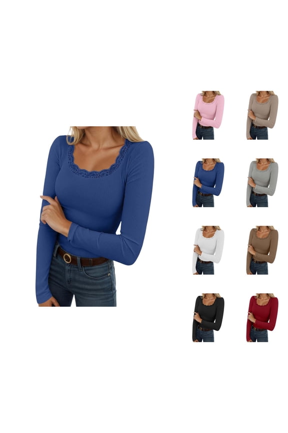 Womens Undershirts Long Sleeve Ribbed Stretch Lace Square Neck Slim Fit Basic Shirt Spring Blouse