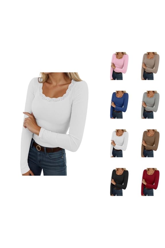 Womens Undershirts Long Sleeve Ribbed Stretch Lace Square Neck Slim Fit Basic Shirt Spring Blouse