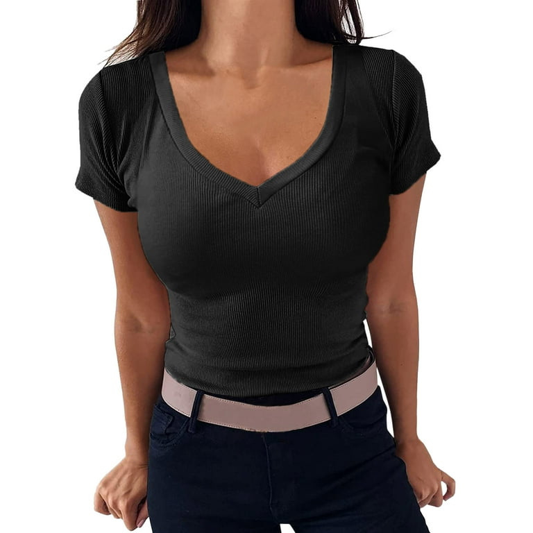 Womens Undershirts Long Sleeve Women V Neck Ribbed Fitted Tight Tshirt  Short Sleeve Shirt Basic Knit Top Loose Work Tops Women