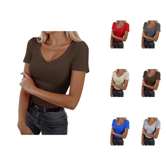 Womens Undershirts Summer Short Sleeve V Neck Ribbed Stretch Slim Fit Basic Tees