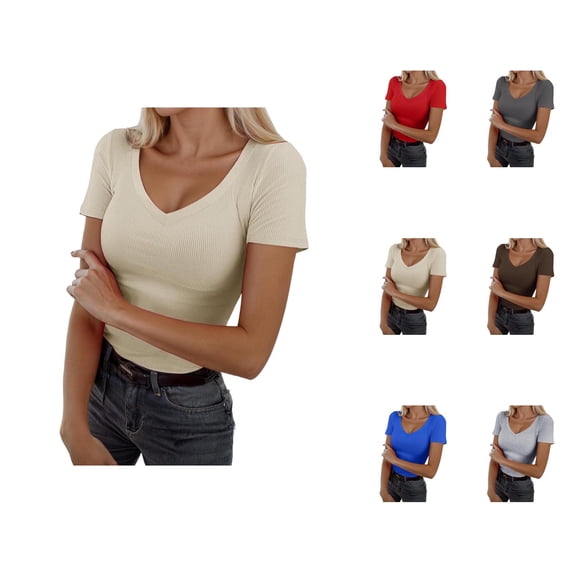 Womens Undershirts Summer Short Sleeve V Neck Ribbed Stretch Slim Fit Basic Tees