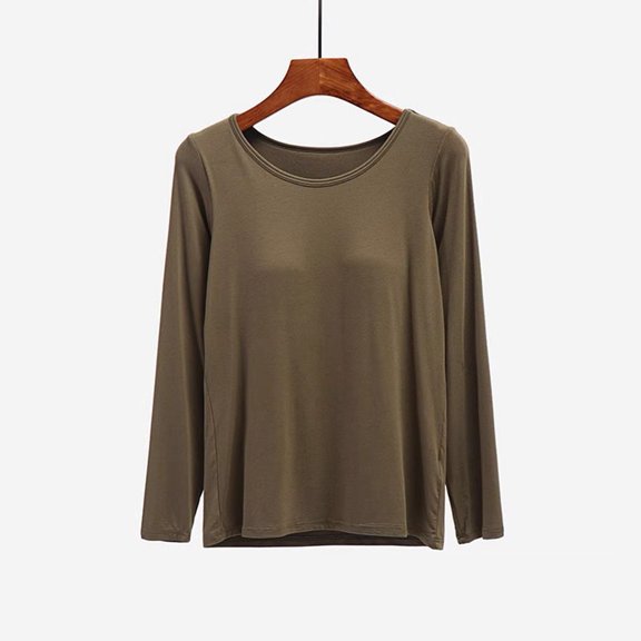 Womens Undershirts Tops with Built-in Bra, Long Sleeve Padded Underwear Tshirt, Round Neck, Pajama Casual Tops T-Shirt