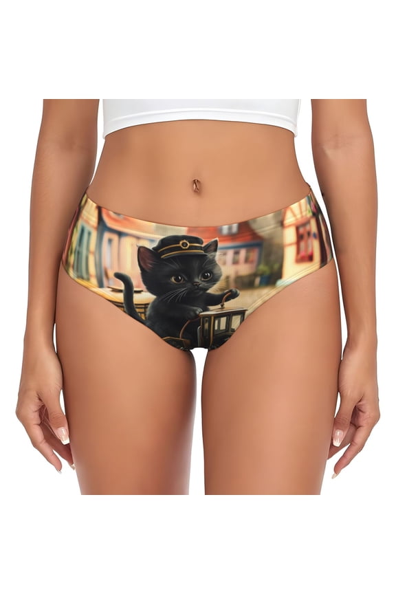Womens Underwear - Adorable Kitten On Mini Train No Show Seamless Underwear for Women, Stretch Women's Panties, Hipster Soft Comfort Ladies Panties Bikini Underwear Briefs