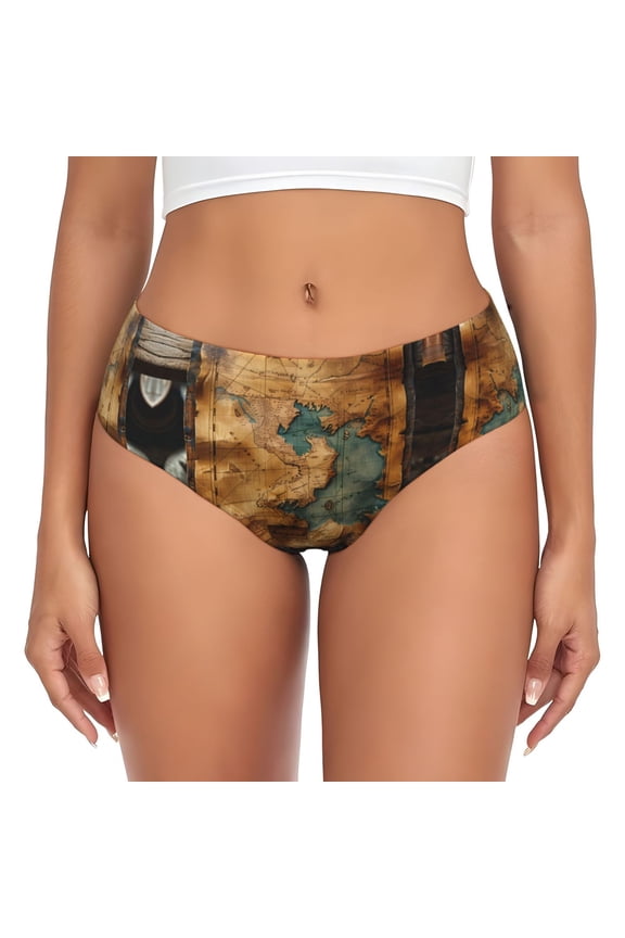 Womens Underwear - Antique Map Adventure Scene No Show Seamless Underwear for Women, Stretch Women's Panties, Hipster Soft Comfort Ladies Panties Bikini Underwear Briefs
