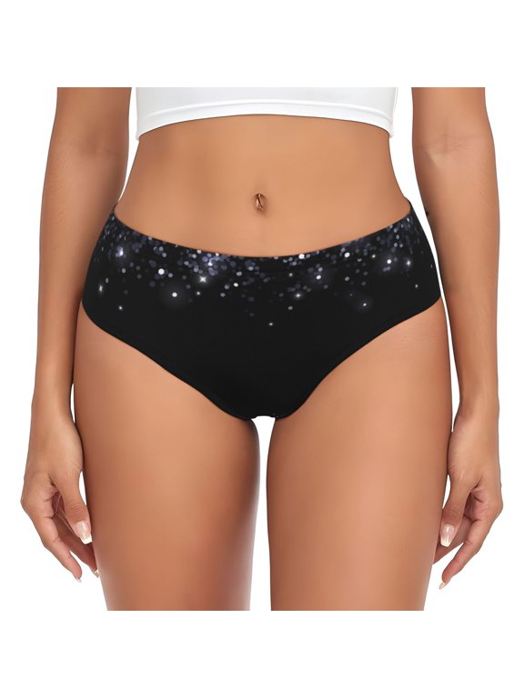 Womens Underwear - Black Silver Glitter Border No Show Seamless Underwear for Women, Stretch Women's Panties, Hipster Soft Comfort Ladies Panties Bikini Underwear Briefs