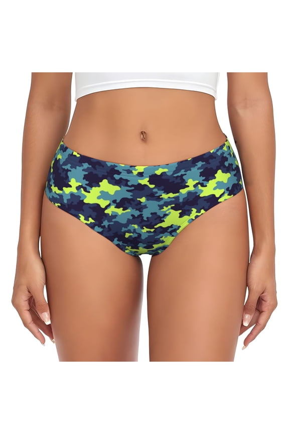 Womens Underwear - Blue Green Camouflage No Show Seamless Underwear for Women, Stretch Women's Panties, Hipster Soft Comfort Ladies Panties Bikini Underwear Briefs