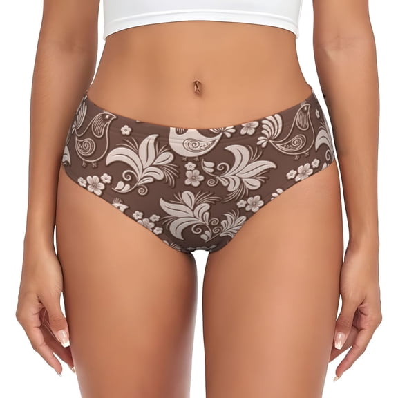 Womens Underwear - Brown Folk Bird Floral Pattern No Show Seamless Underwear for Women, Stretch Women's Panties, Hipster Soft Comfort Ladies Panties Bikini Underwear Briefs