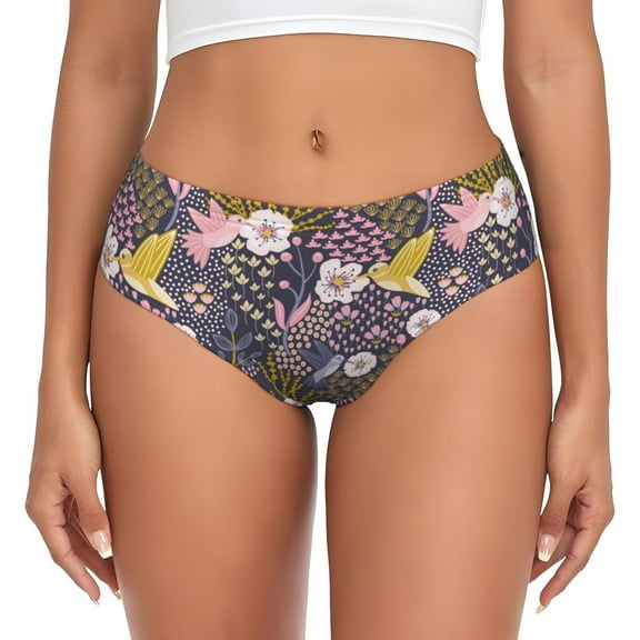 Womens Underwear - Cartoon Hummingbird Flower No Show Seamless Underwear for Women, Stretch Women's Panties, Hipster Soft Comfort Ladies Panties Bikini Underwear Briefs