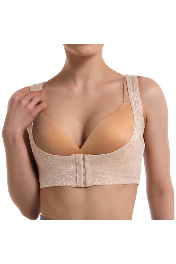 Womens Underwear Colorblock Front Closure Bustier Side Support Posture Corrector Shaper Back Support Push Up Bra Beige S