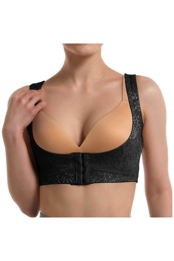 Womens Underwear Colorblock Front Closure Bustier Side Support Posture Corrector Shaper Back Support Push Up Bra Black XL