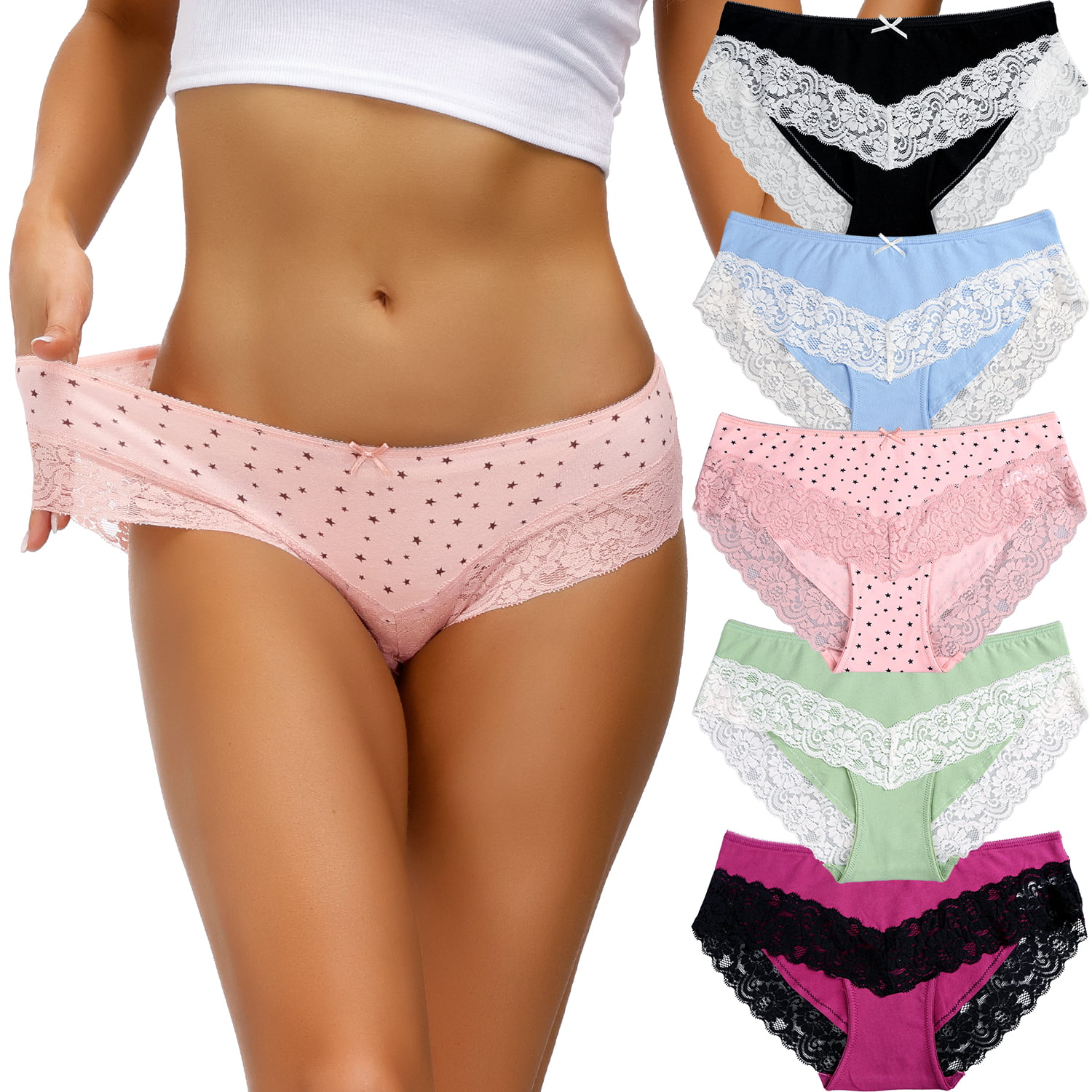  Womens Underwear Cotton Hipster Panties Lace Soft Bikini Panty  Ladies Stretch Full Briefs 5 Pack S-XlR6004XXL-Dark