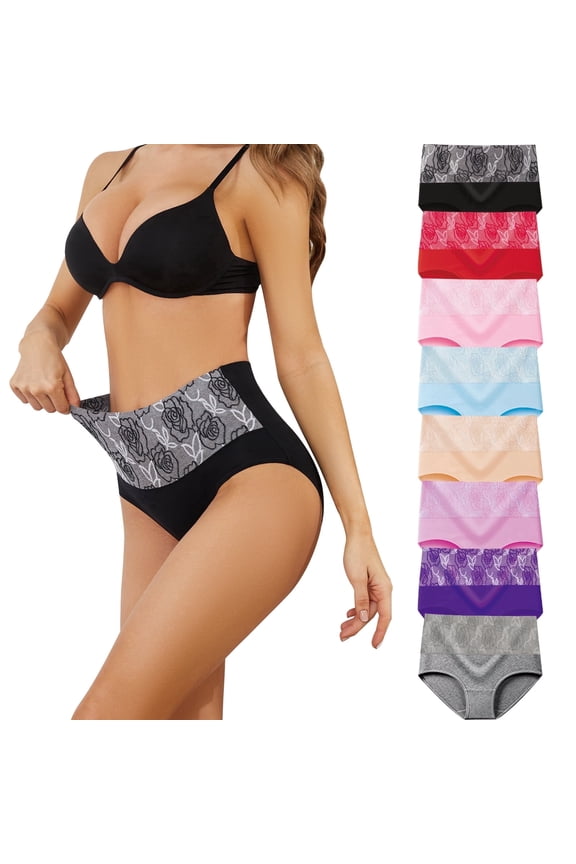 Womens Underwear Cotton Tummy Control High Waisted Underwear Soft Breathable Full Coverage Panties 8pack