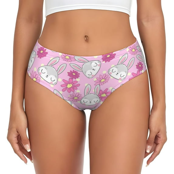 Womens Underwear - No Show Seamless Underwear for Women, Cute Cartoon Rabbit Flower Pink Soft Stretch Women's Panties, Hipster Ladies Panties Breathable Bikini Underwear Briefs
