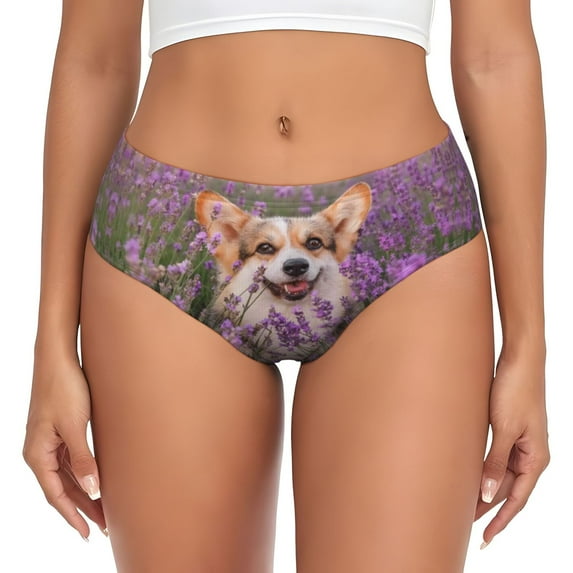 Womens Underwear Dog in Lavender Flowers Cuteness No Show Seamless Underwear for Women, Soft Stretch Women's Panties, Hipster Ladies Panties Bikini Underwear Briefs