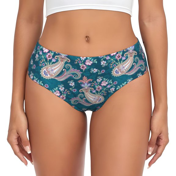 Womens Underwear - Floral Paisley Pattern Green No Show Seamless Underwear for Women, Stretch Women's Panties, Hipster Soft Comfort Ladies Panties Bikini Underwear Briefs