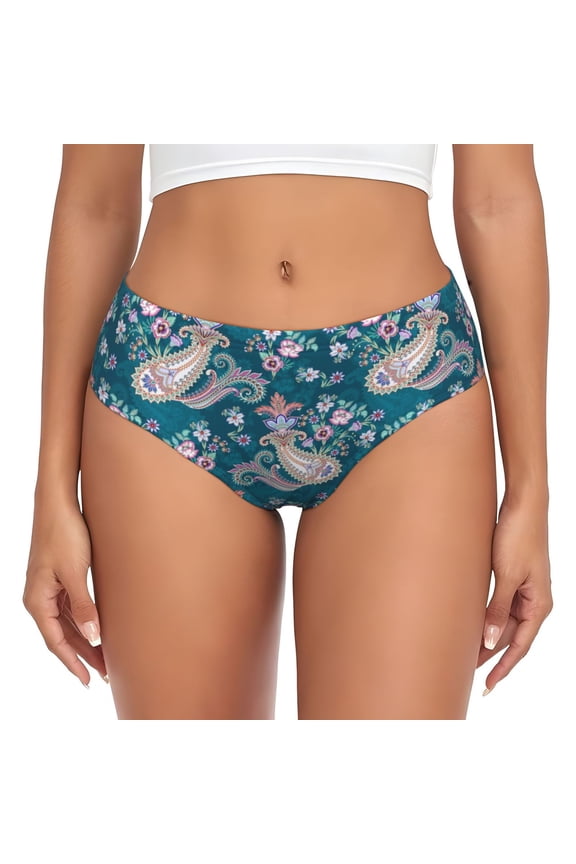 Womens Underwear - Floral Paisley Pattern Green No Show Seamless Underwear for Women, Stretch Women's Panties, Hipster Soft Comfort Ladies Panties Bikini Underwear Briefs