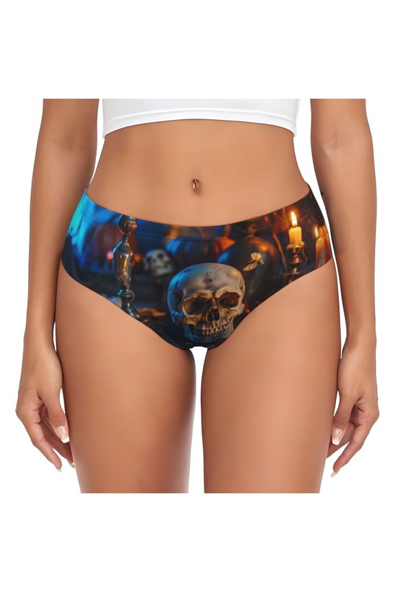 Womens Underwear - Halloween Vintage Candle Skull No Show Seamless Underwear for Women, Stretch Women's Panties, Hipster Soft Comfort Ladies Panties Bikini Underwear Briefs