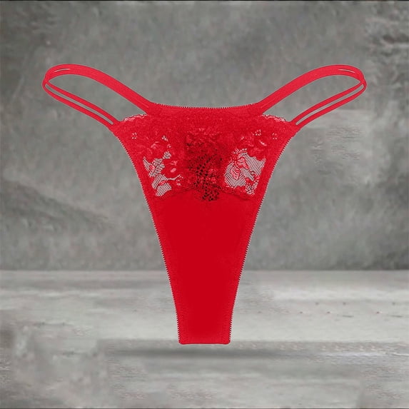 Womens Underwear Lace Double Thin Strap Lace Hollow Mesh Thong Sexy Panties for Women Red S