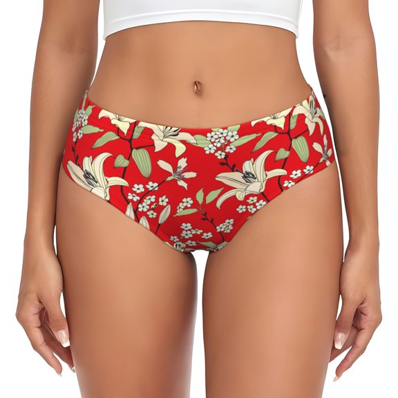 Womens Underwear - Lilies Flowers Red No Show Seamless Underwear for Women, Stretch Women's Panties, Hipster Soft Comfort Ladies Panties Bikini Underwear Briefs