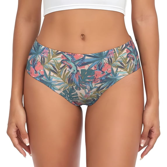 Womens Underwear - No Show Seamless Underwear for Women, Painted Palm Leaf Parrot Soft Stretch Women's Panties, Hipster Ladies Panties Breathable Bikini Underwear Briefs
