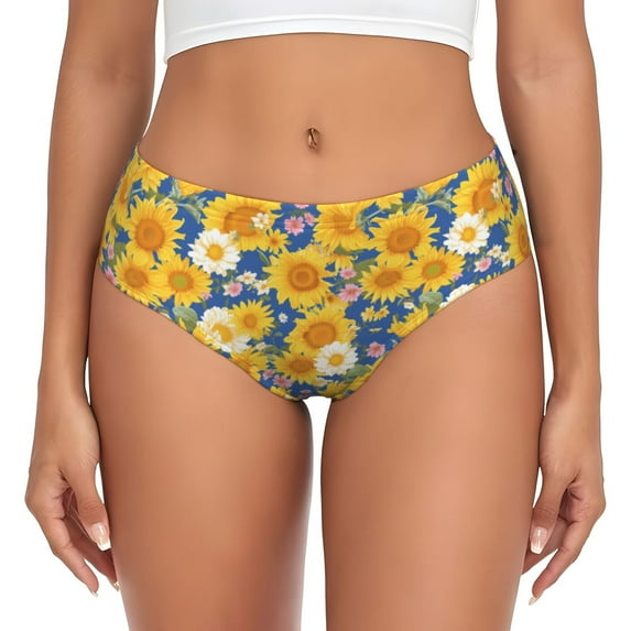 Womens Underwear - No Show Seamless Underwear for Women, Vintage White Yellow Sunflower Soft Stretch Women's Panties, Hipster Ladies Panties Breathable Bikini Underwear Briefs