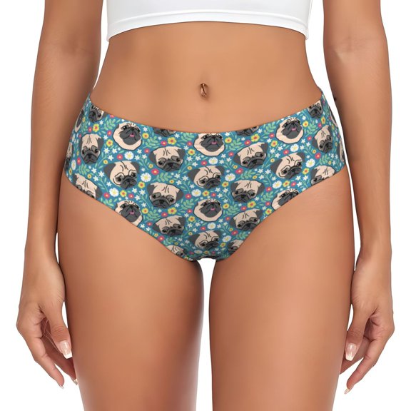 Womens Underwear - PUG HEAD And Flower No Show Seamless Underwear for Women, Stretch Women's Panties, Hipster Soft Comfort Ladies Panties Bikini Underwear Briefs