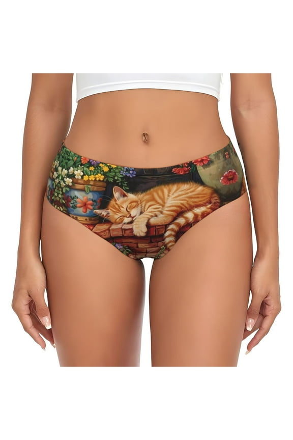 Womens Underwear - Sleeping Cat Flowers No Show Seamless Underwear for Women, Stretch Women's Panties, Hipster Soft Comfort Ladies Panties Bikini Underwear Briefs