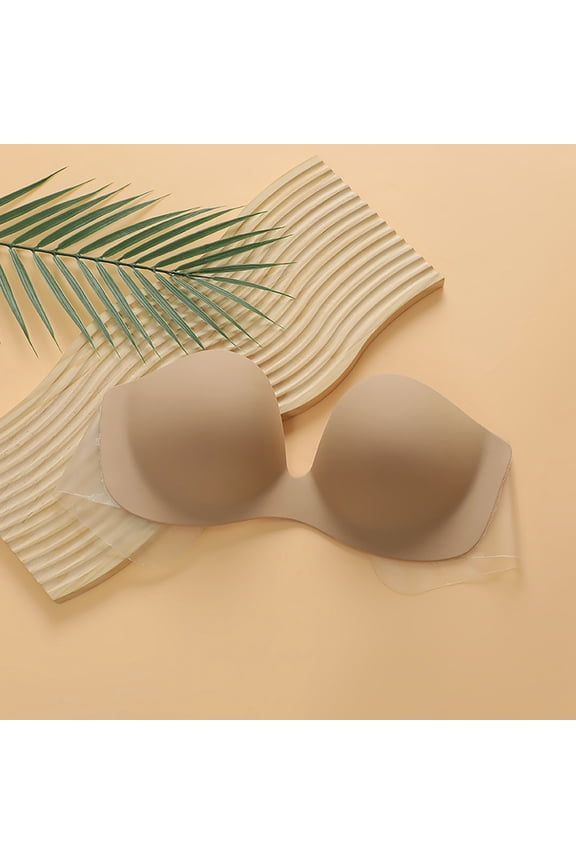 Womens Underwear Solid Deep V Push Up Invisible Adhesive Bra Clear Wings Half Cup Strapless Beige M