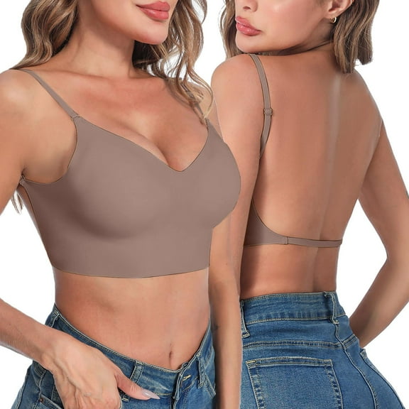 Womens Underwear Solid Seamless Backless Halter Invisible Comfort Bra Light Purple L