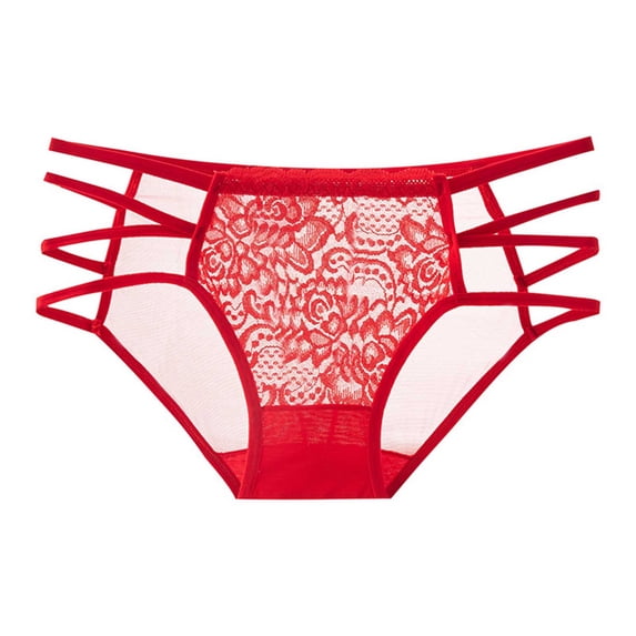 Womens Underwear Stretch Women's Lace Underwear Briefs Mid Waist Sheer Lace Hollow out Comfortable Breathable Panties Red M