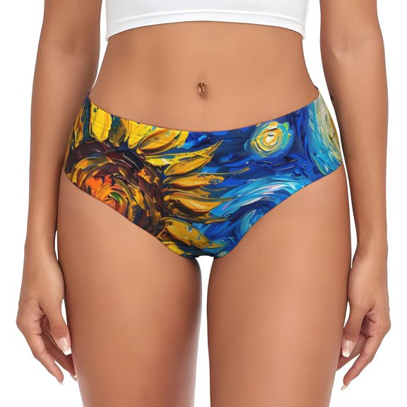 Womens Underwear - Sunflower Starry Night Vibes No Show Seamless Underwear for Women, Stretch Women's Panties, Hipster Soft Comfort Ladies Panties Bikini Underwear Briefs