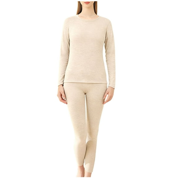 Womens Underwear Thermal Sets Soft Cotton Slim Fitted 2 Piece Base Layer Outfits Long Sleeve Top and Legging Pants (2XL, Khaki 01)