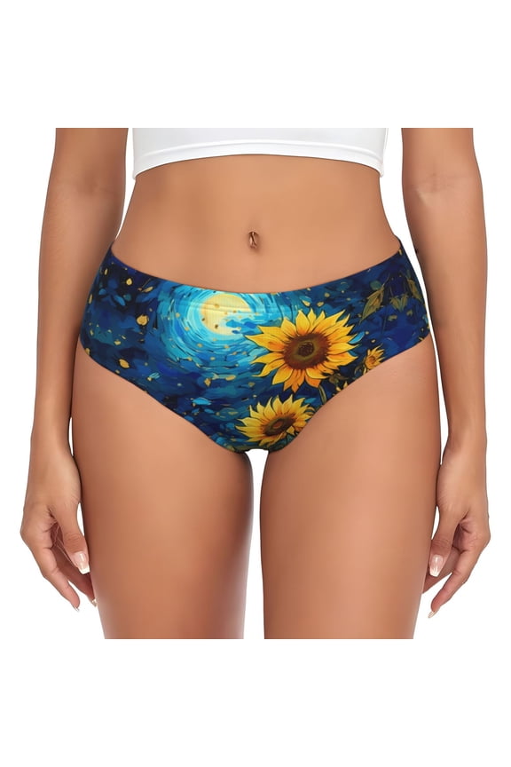 Womens Underwear - Vintage Starry Sky Sunflower No Show Seamless Underwear for Women, Stretch Women's Panties, Hipster Soft Comfort Ladies Panties Bikini Underwear Briefs
