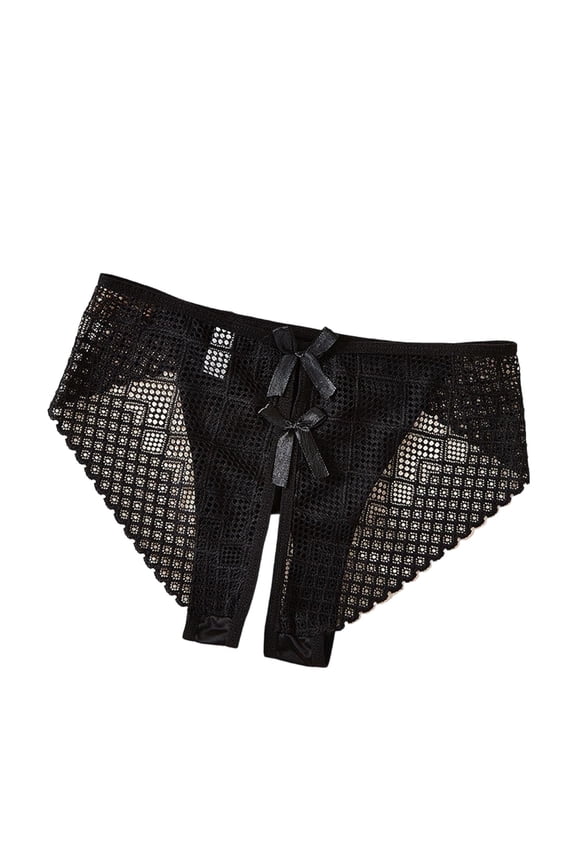 Womens Underwear, Women's Sexy Underwear Lace Cutout Sheer Bow Tie Crotchless Panties Naughty Breathable Stretch Erotic Briefs With Bow Black L