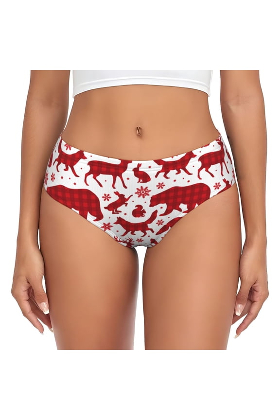 Womens Underwear - red plaid Moose Bunny bear No Show Seamless Underwear for Women, Stretch Women's Panties, Hipster Soft Comfort Ladies Panties Bikini Underwear Briefs