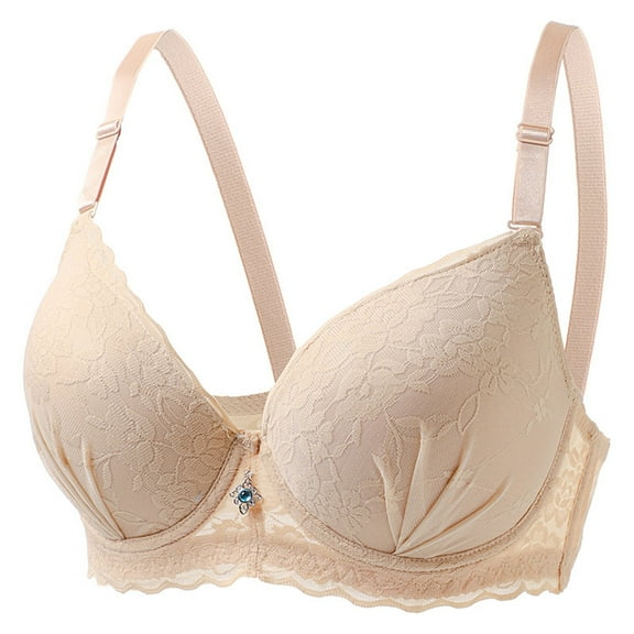 Womens Underwire Bras Lace Deep V Anti-Sagging Push Up Supportive Bralettes Plus Size Breathable Bras Everyday Wear (L, Khaki)