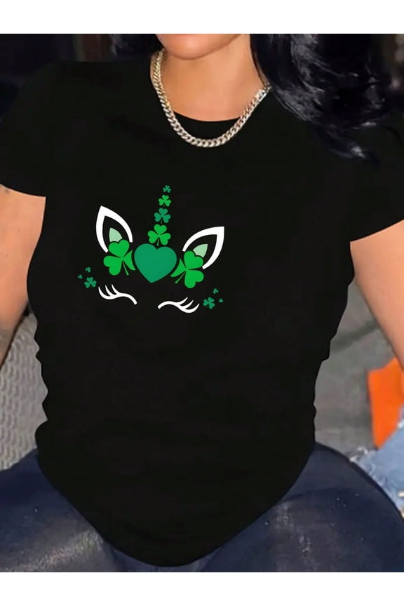 Womens Unicorn Face St Patricks Day Irish Shamrock Graphic T-Shirts Round Neck Short-Sleeved Casual And Comfortable T-Shirts As Presents For Women
