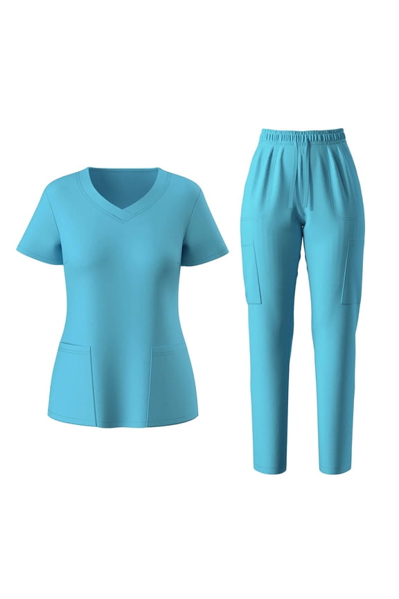Womens Uniform Scrubs Sets Stretchy V Neck Short Sleeve Tops with Cargo Pants Summer Workwear Outfits Blue M