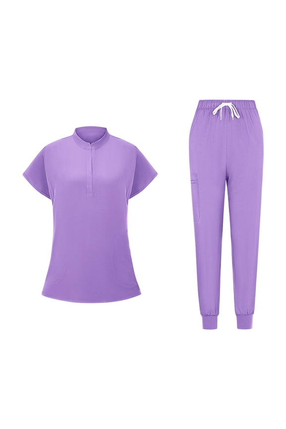 Womens Uniform Sets, Women's Short-Sleeved Solid Pocket Round Neck Nurse Suit Solid Nurse Protective Uniform Set