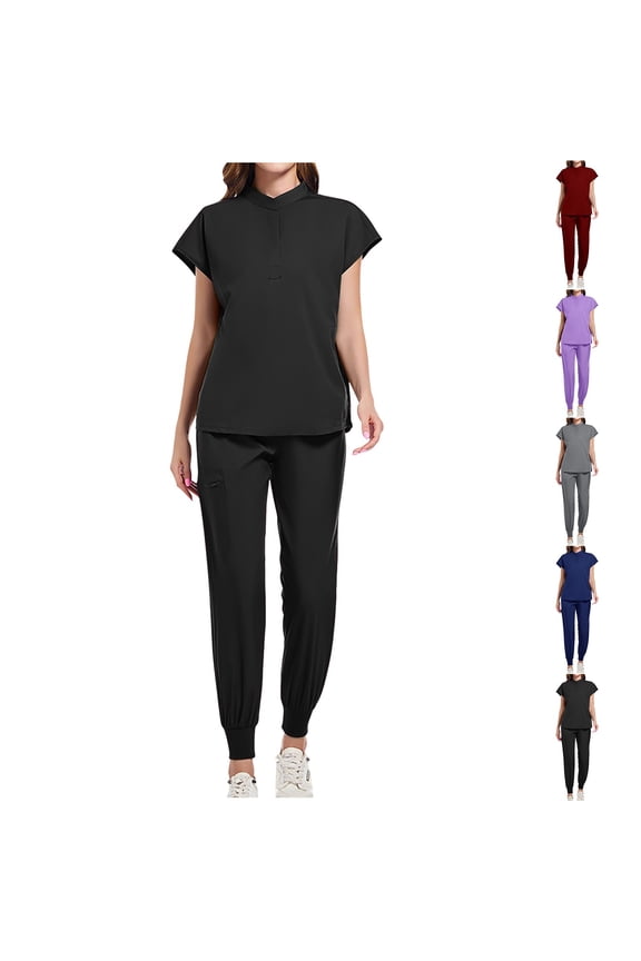 Womens Uniform Sets, Women's Short-Sleeved Solid Pocket Round Neck Nurse Suit Solid Nurse Protective Uniform Set