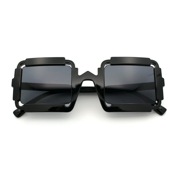 Womens Unique Art Deco Noveau Rectangle Glam Plastic Sunglasses All Black