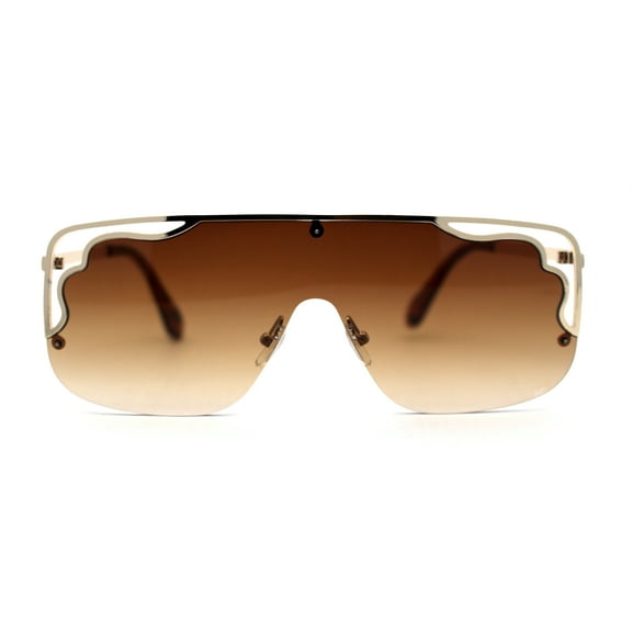 Womens Unique Art Deco Trim Flat Top Racer Shield Sunglasses Gold Brown