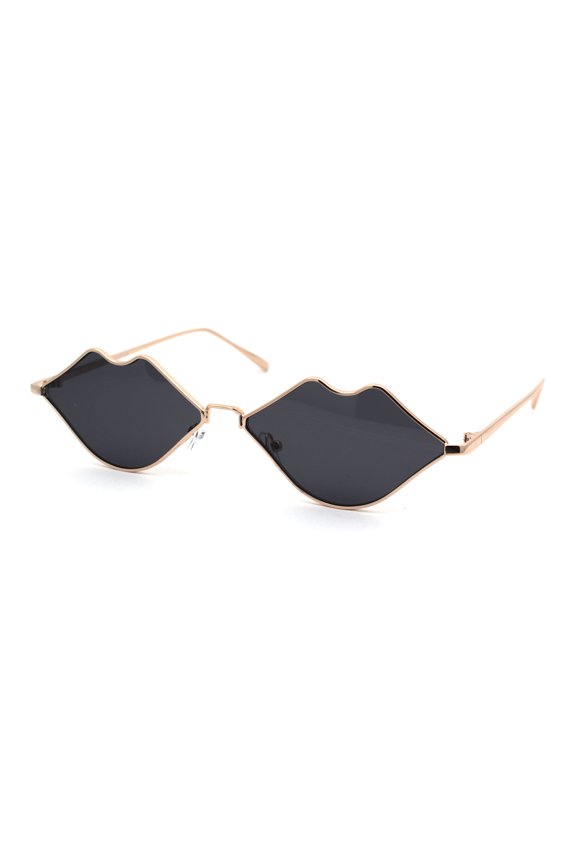 Womens Unique Kissing Lip Shape Metal Rim Hippie Sunglasses Gold Black