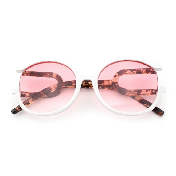 Womens Unique U Arm Round Exposed Lens Minimal Designer Sunglasses White Tortoise - Pink