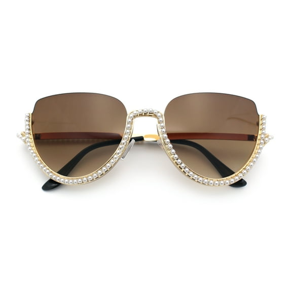 Womens Upside Down Half Rim Bling Pearl Metal Frame Cat Eye Sunglasses Gold - Brown