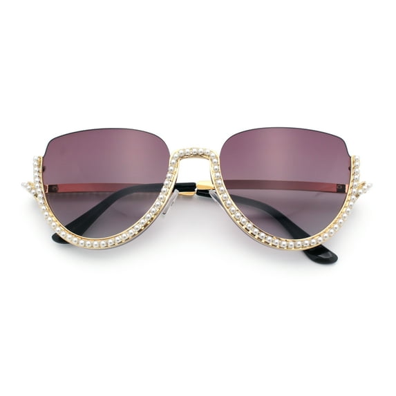 Womens Upside Down Half Rim Bling Pearl Metal Frame Cat Eye Sunglasses Gold - Purple