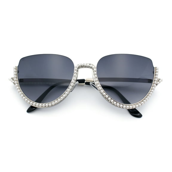 Womens Upside Down Half Rim Bling Pearl Metal Frame Cat Eye Sunglasses Silver - Smoke