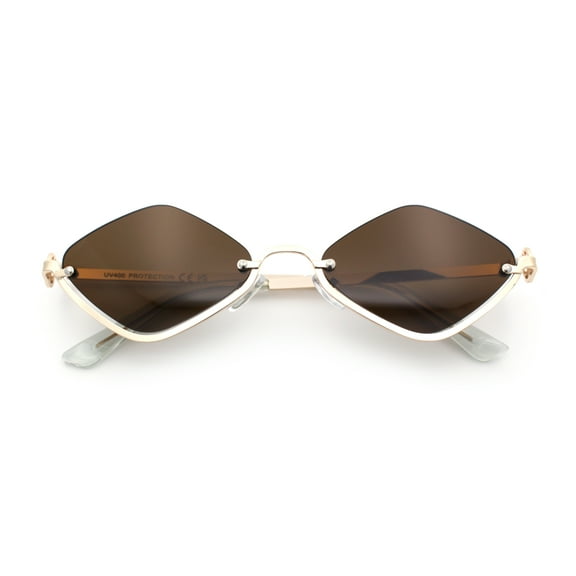 Womens Upside Down Half Rim Diamond Shape Rimless Metal Frame Sunglasses Gold - Brown
