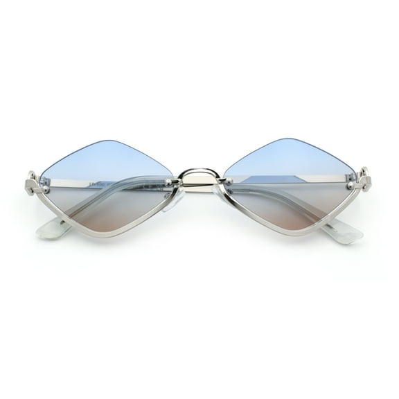 Womens Upside Down Half Rim Diamond Shape Rimless Metal Frame Sunglasses Silver - Blue Brown